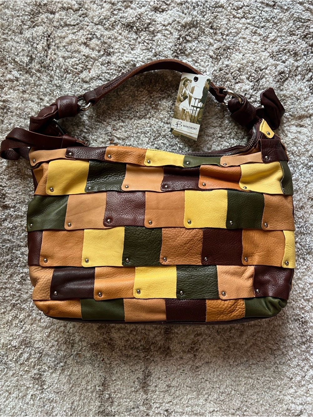 b. makowsky Multicolor Patchwork Leather Shoulder Bag - Yellow, Brown, Olive